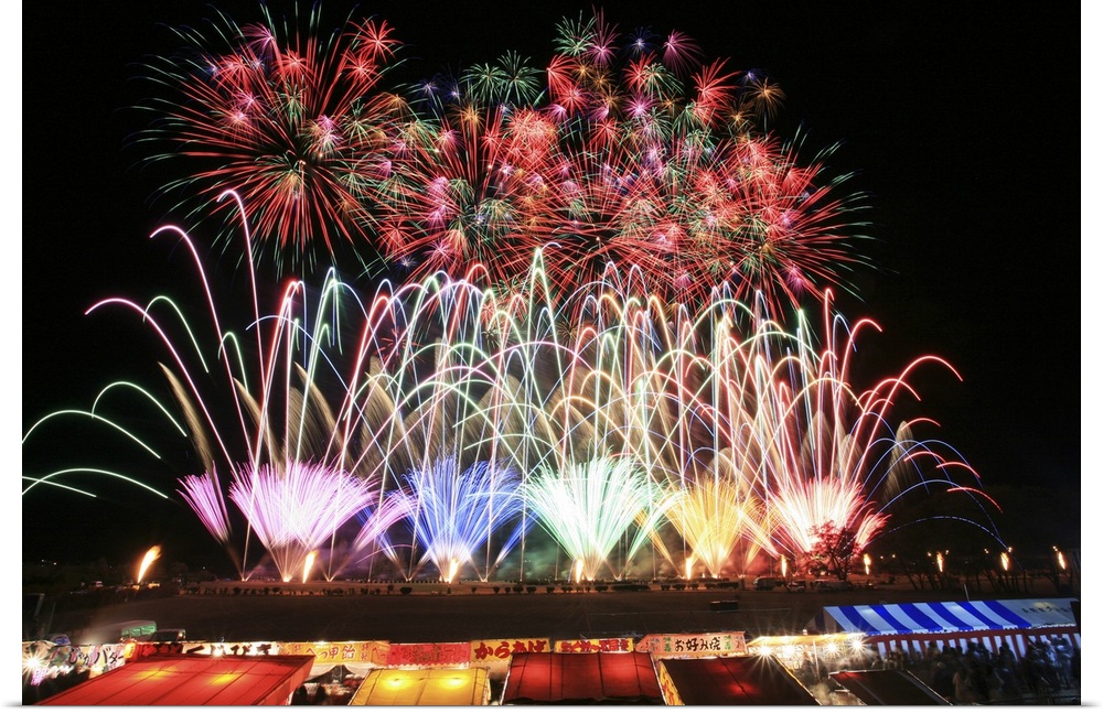 Colorful Fireworks Over the Food Stalls