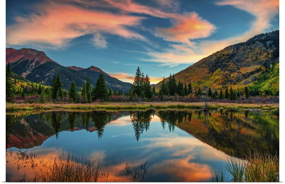 Panoramic mountain view at sunrise in autumn.