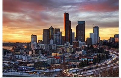 Columbia center and downtown Seattle, Seattle WA, at sunset.