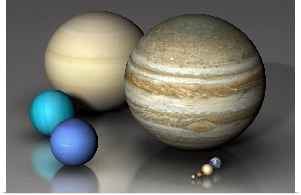 Comparing the eight major planets on the same scale: The largest is Jupiter (right) and Saturn (left, back). Neptune (blue...