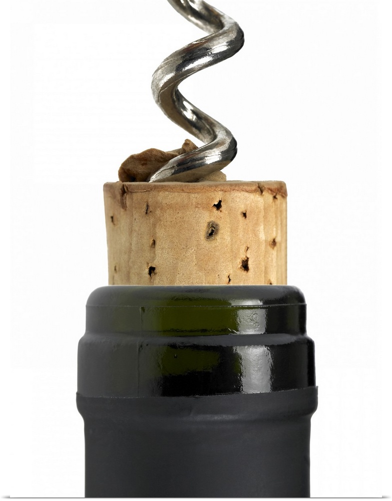 Corkscrew and cork, photographed on white surface. Part of the bottle's neck can be seen too. The frame of the photograph ...
