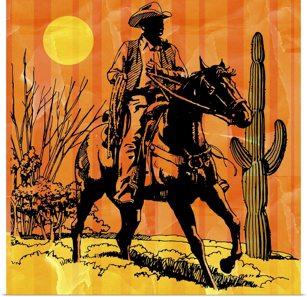 Cowboy riding horseback in desert