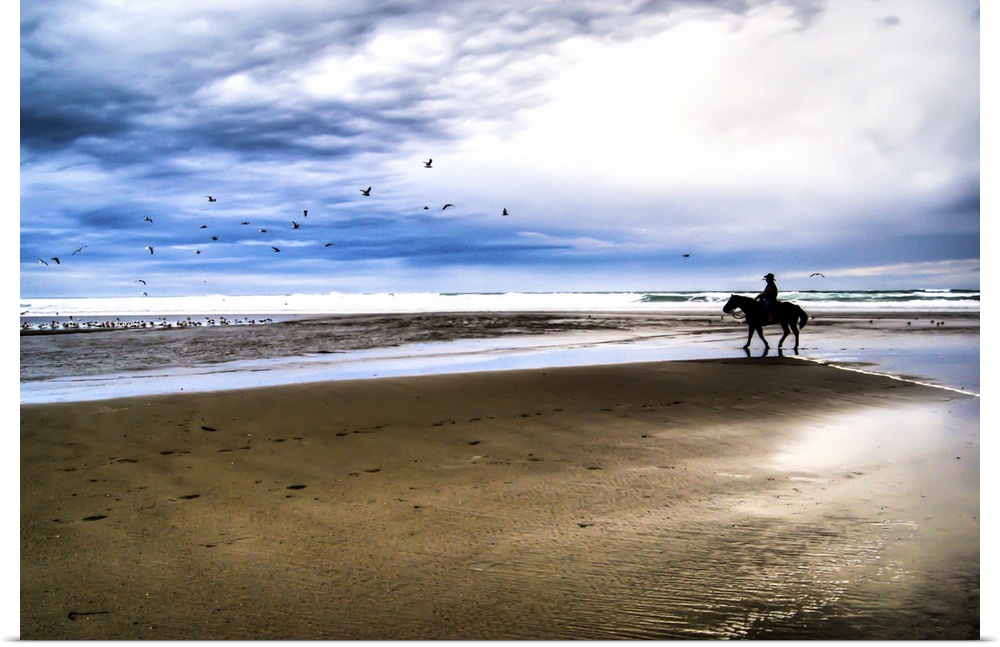 Cowboy, horse, beach, ocean, storm, horse riding.