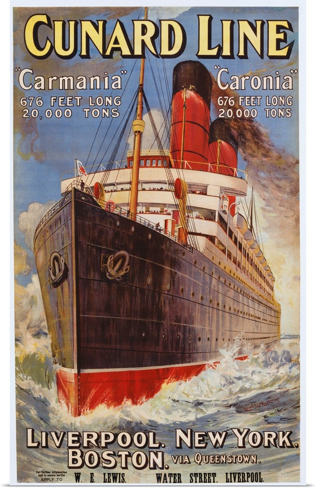 Poster from 1905, advertising the Carmania and Caronia ocean liners. Service to Liverpool, Boston, New York, via Queenstown.