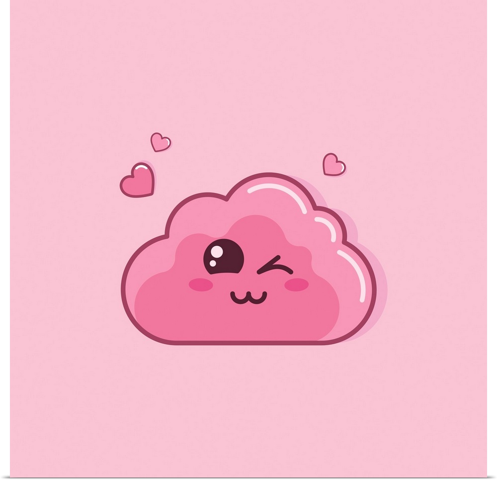 Cute cartoon pink cloud and hearts on pink background. Originally a vector illustration.