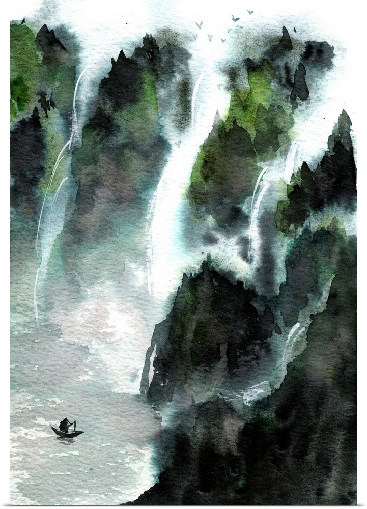 Chinese watercolor drawing of a man in a boat on a lake surrounded by mountains and waterfalls.
