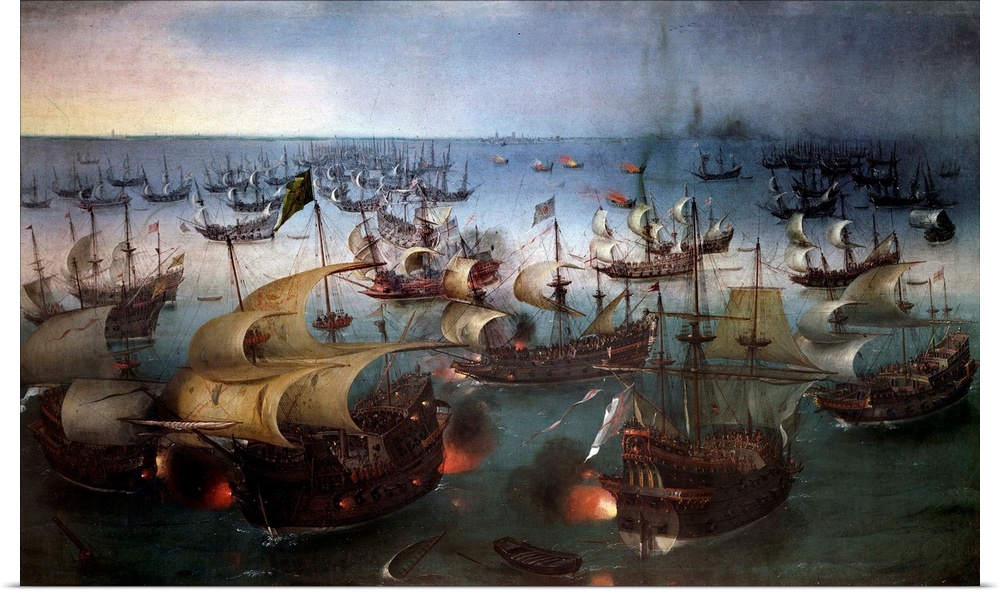 The Invincible Armada against the English fleet : Day seven of the battle with the Armada, 7 August 1588, Painting by Hend...