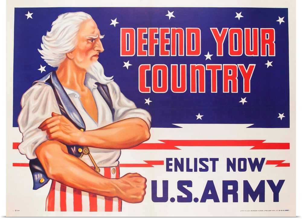 1940 World War Two US Army recruiting poster with muscle flexing Uncle Sam.