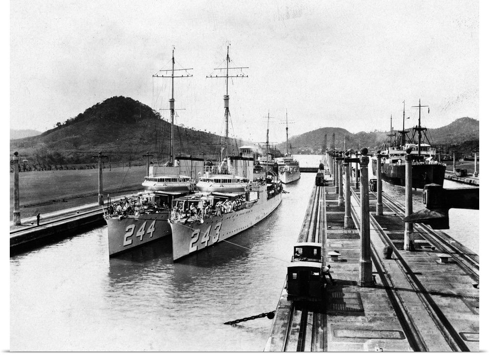 A pair of US, World War I, destroyers on a journey along the Panama Canal.