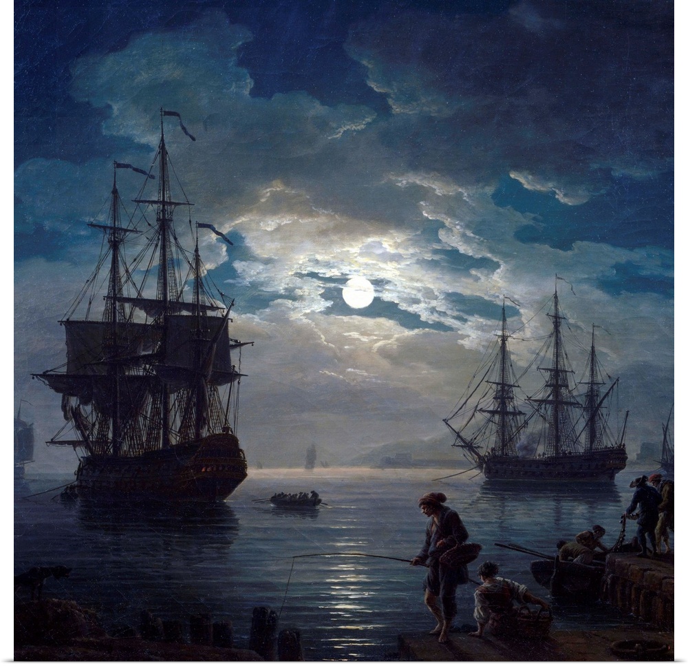 Fishing by Moonlight Night view of a harbor. Detail. Painting by Joseph Vernet (1714-1789) 1773 Louvre Museum, Paris