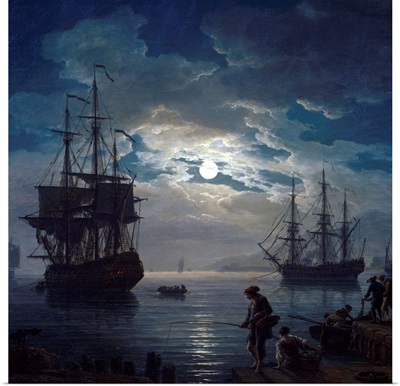 Detail of Night: Seaport by Moonlight by Joseph Vernet