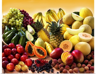 Display of exotic fruit with stone fruits and avocados