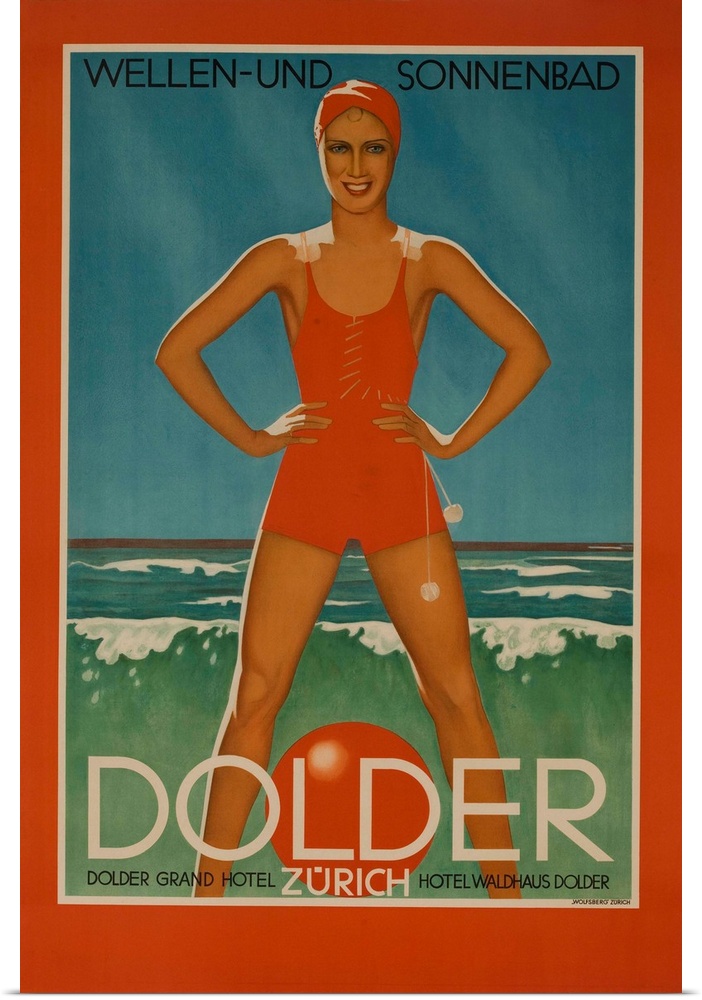 1930s Swiss travel poster, for the Dolder Grand Hotel Zurich. Bathing beauty stands over a beach ball in the waves of Lake...