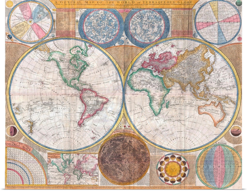 1794. Entitled A General Map of the World, or Terraqueouis Globe with all the New Discoveries and Marginal Delineations, C...