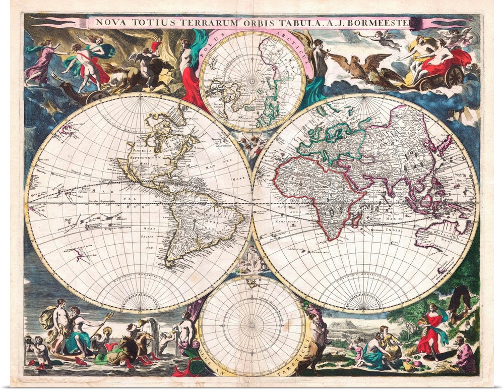 1685 double-hemisphere world map by Joachim Bormeester (Nova Totius Terrarum Orbis Tabula), 22 x 20 in (55.9 x 50.8 cm), h...