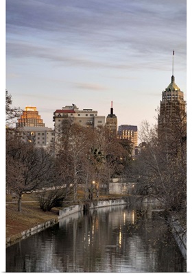 Downtown San Antonio and Riverwalk in winter at dawn.