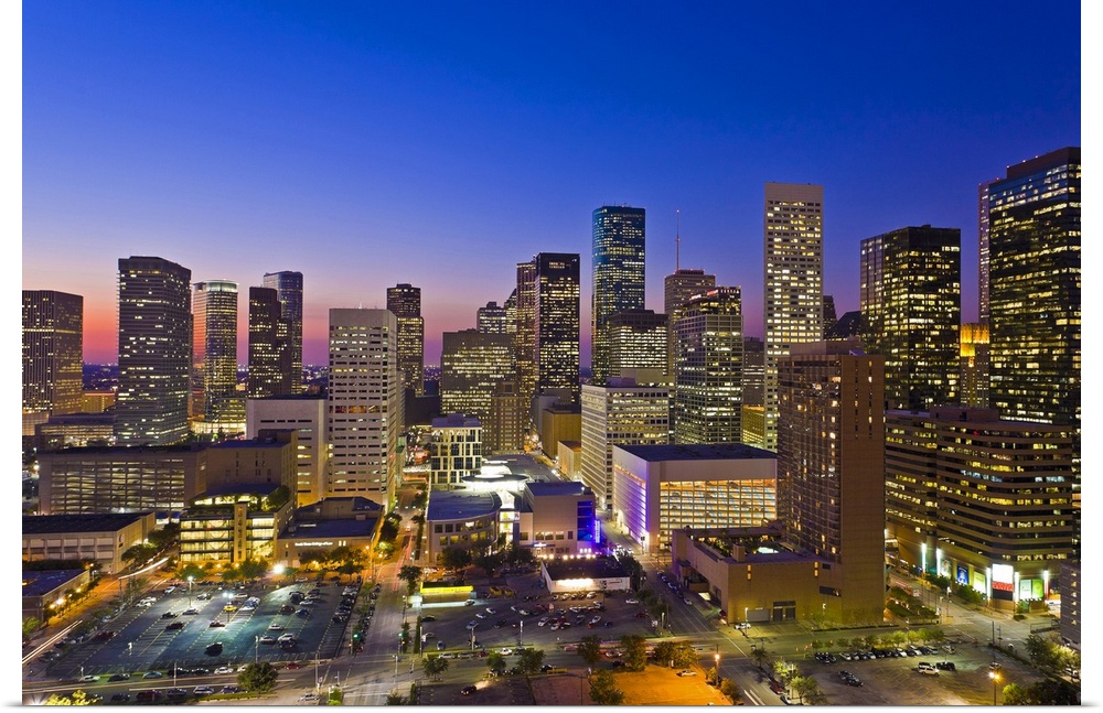 Downtown city skyline at dusk/sunset/night, Houston, Texas, USA. Houston is the fourth largest city in the USA.