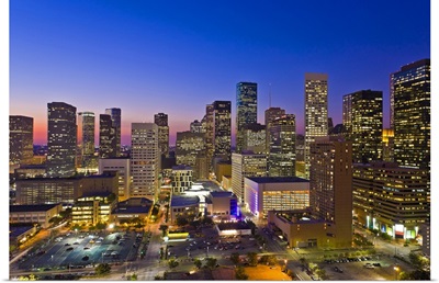 Dowtown city skyline at dusk/sunset/night, Houston, Texas, USA.
