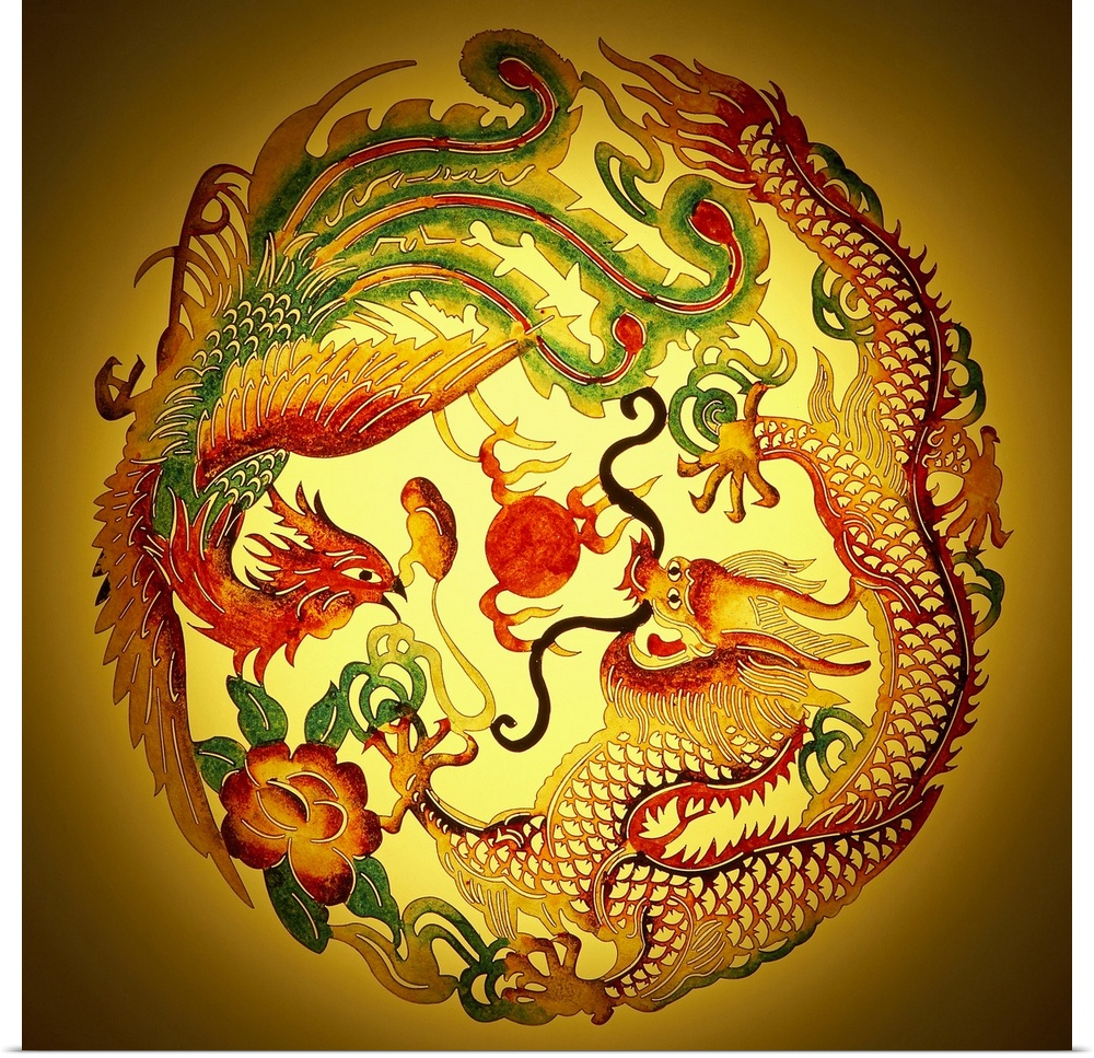 Stenciled fanatasy art of a dragon and phoenix intertwined in a circle with each on a burnt amber faded background.