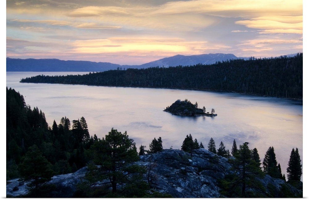 Dramatic clouds at sunset over Emerald Bay in Lake Tahoe, CA.