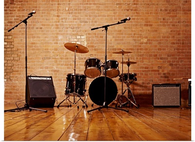 Drum Kit, Microphones and Loudspeakers in a Studio