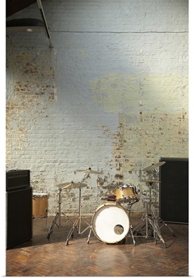 Drum kit set up in studio.