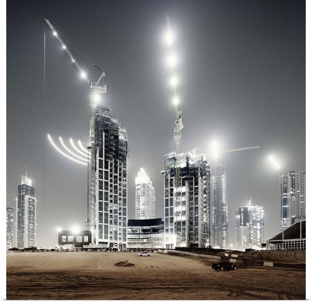 Illuminated of building yard in Dubai at night.