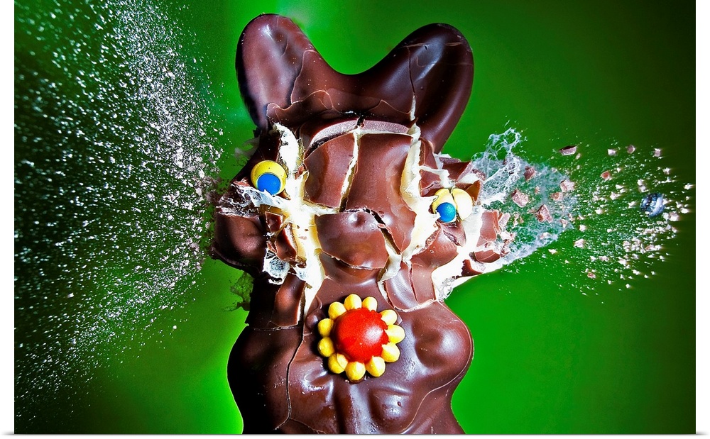 A chocolate Easter bunny filled with pudding is surprised by a lead pellet.