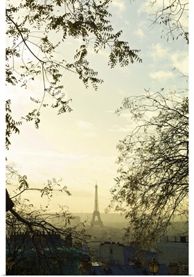 Early morning view through trees from Montmartre down to Eiffel Tower in mist.