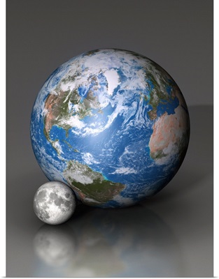 Earth alongside the Moon showing the difference in scale.