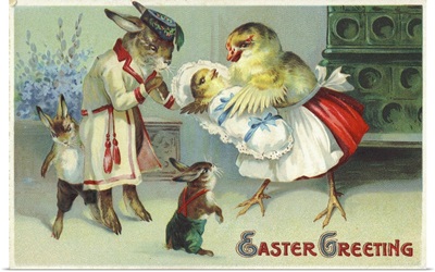 Easter Greeting Postcard Depicting A Rabbit And Chick Family