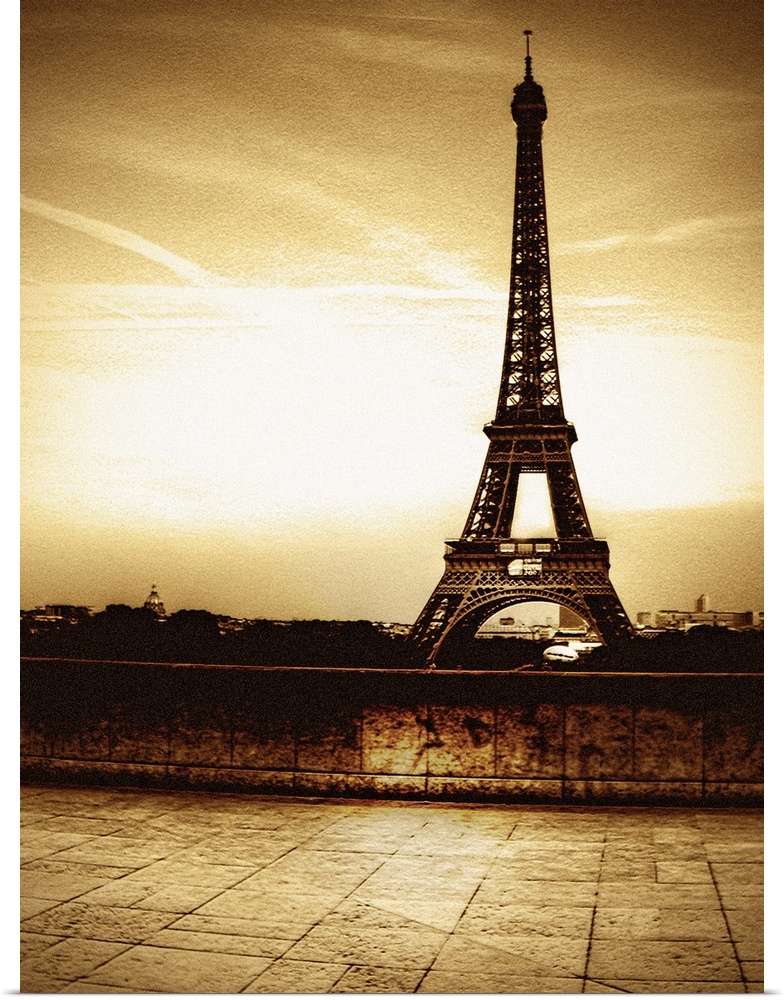 Tall photo on canvas of the Eiffel Tower in sepia tones.