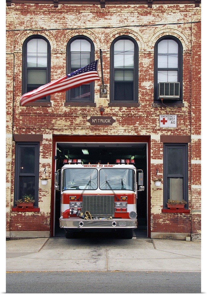Fire engine parked in firehouse
