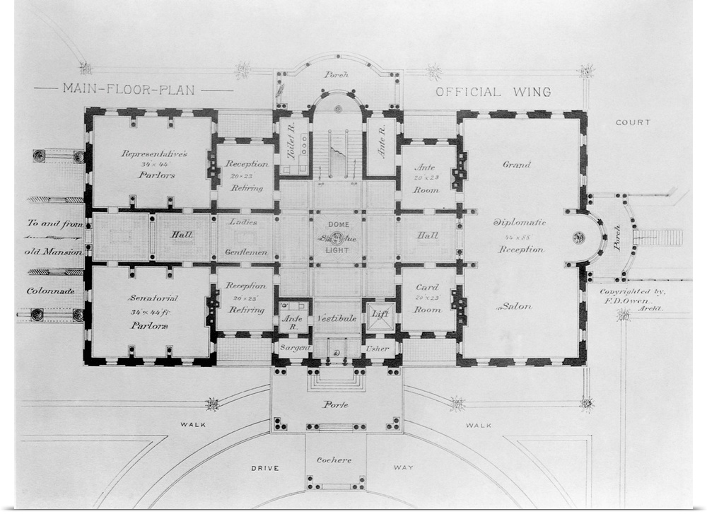 A drawing by F. D. Owen of the main floor plan of the White House.