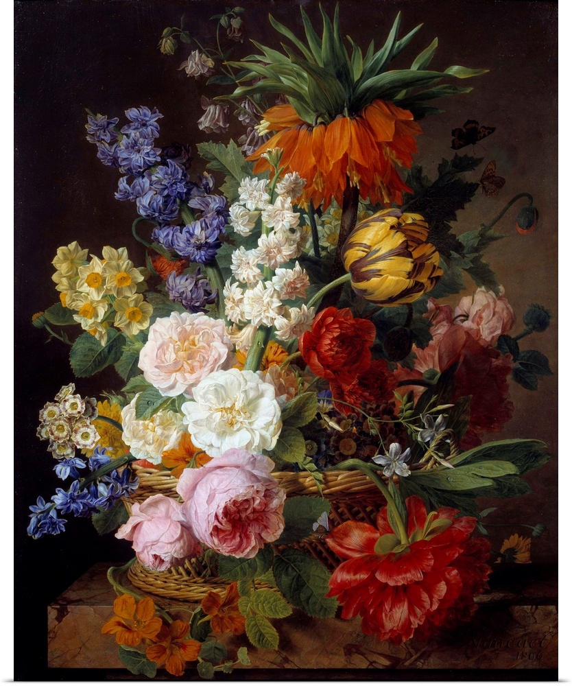 Flowers in a basket. Painting by Jan Frans van Dael (1764-1840), 1806. 0,53 x 0,65 m. Beaux-Arts Museum, Lyon, France