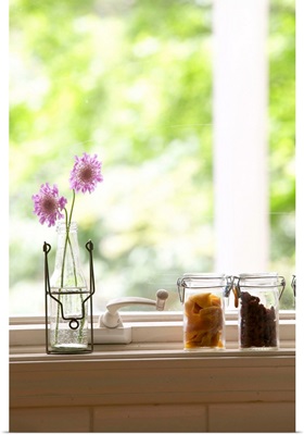 Flowers in vase and dried fruits in glass jars on windowsill