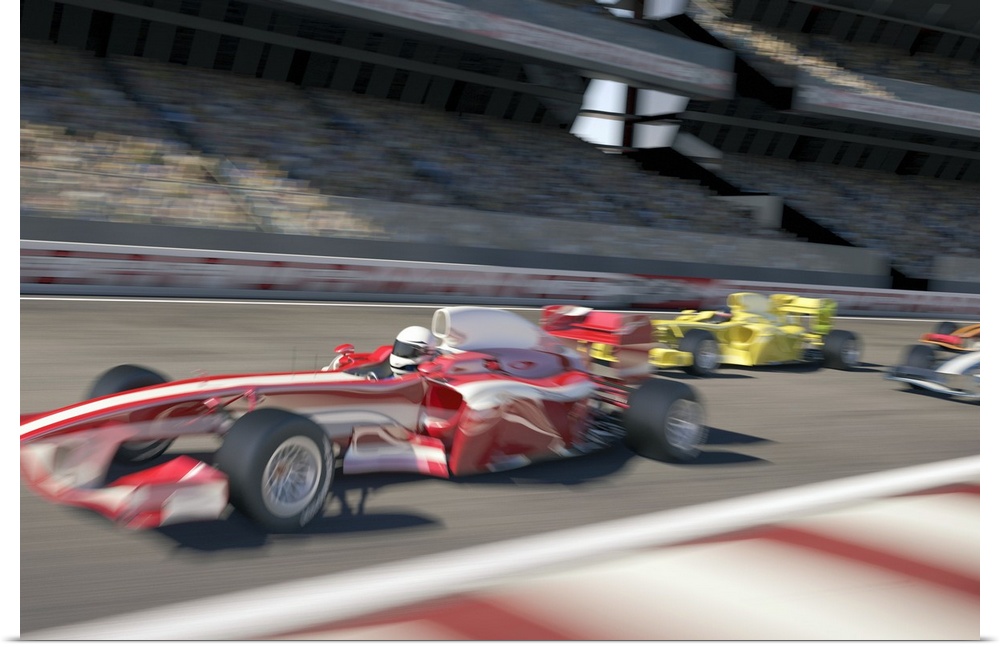 Formula one racing cars speeding down the straight in the track in front of a stadium filled with people. All elements are...