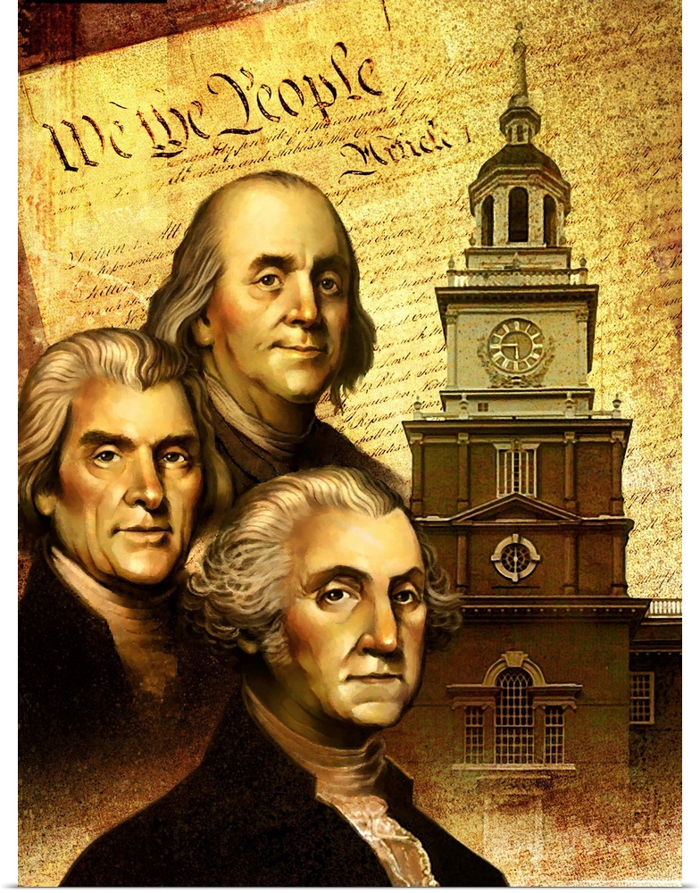 Founding fathers in front of the Declaration of Independance.
