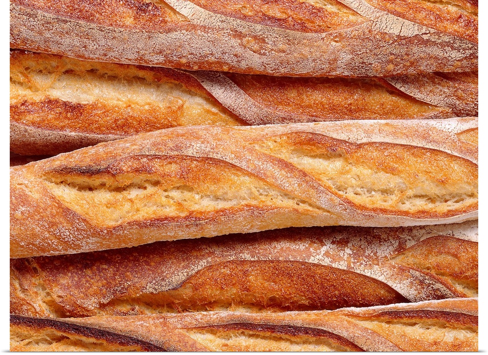 Decorative artwork perfect for the home or kitchen of French bread loaves that have been closely photographed.