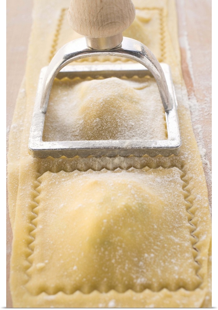 Ravioli with pastry cutter, close up