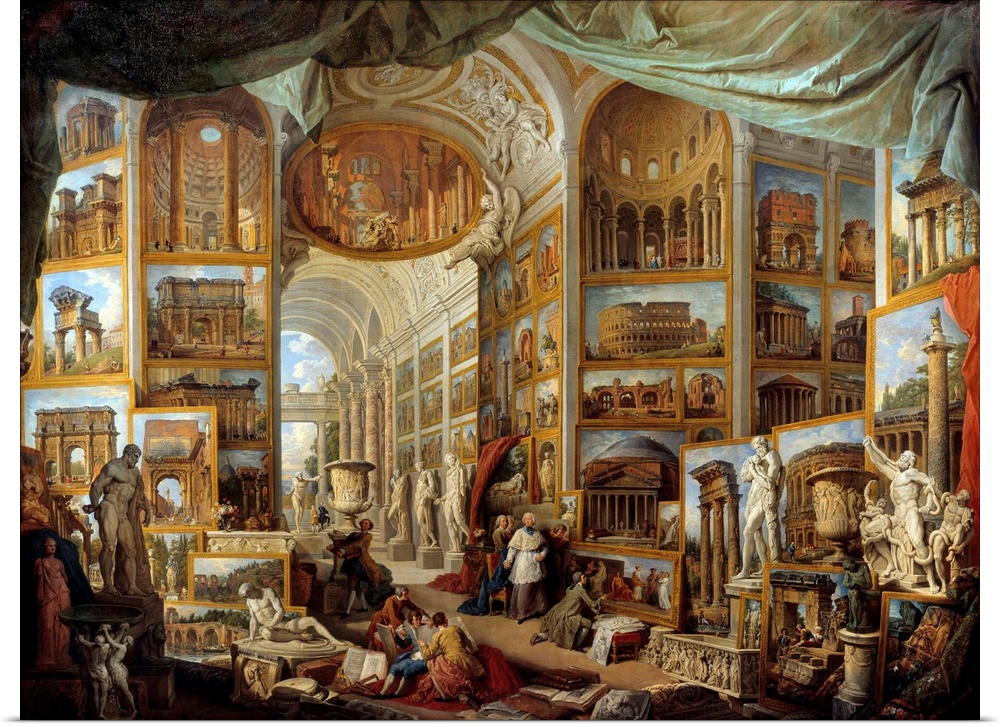 Gallery of a collector. Gallery of Ancient Rome's views. Painting by Giovanni Paolo Pannini (Panini) (1691-1765) 18th cent...