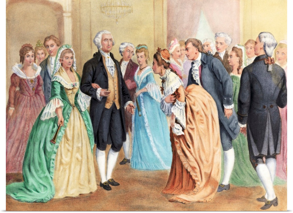 Guests bow to President Washington and the First Lady during a reception in 1798.