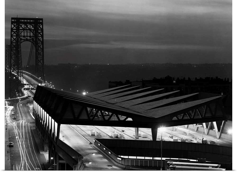 View of the bus station beside New York's George Washington Bridge at night.