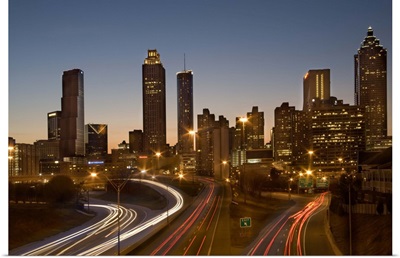 Georgia, Atlanta, traffic on highways leading towards downtown city at dusk