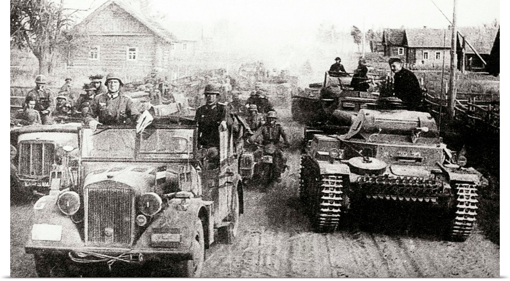 German military convoy in occupied Russia during World War II. Kfz15 Horch Utility Car and PzKpfwIIc, Panzer II light tank...