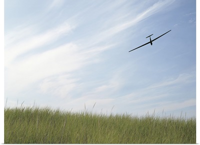 Glider flying in sky with grass in foreground