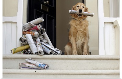 Golden Retriever delivering news paper