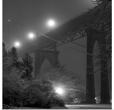 Gothic, suspension St. Johns Bridge in Portland, Oregon during snow storm.
