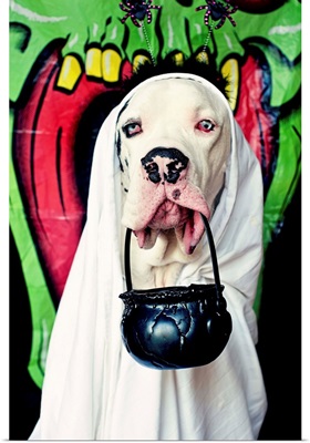 Great Dane wearing a ghost costume, carrying a Halloween bucket