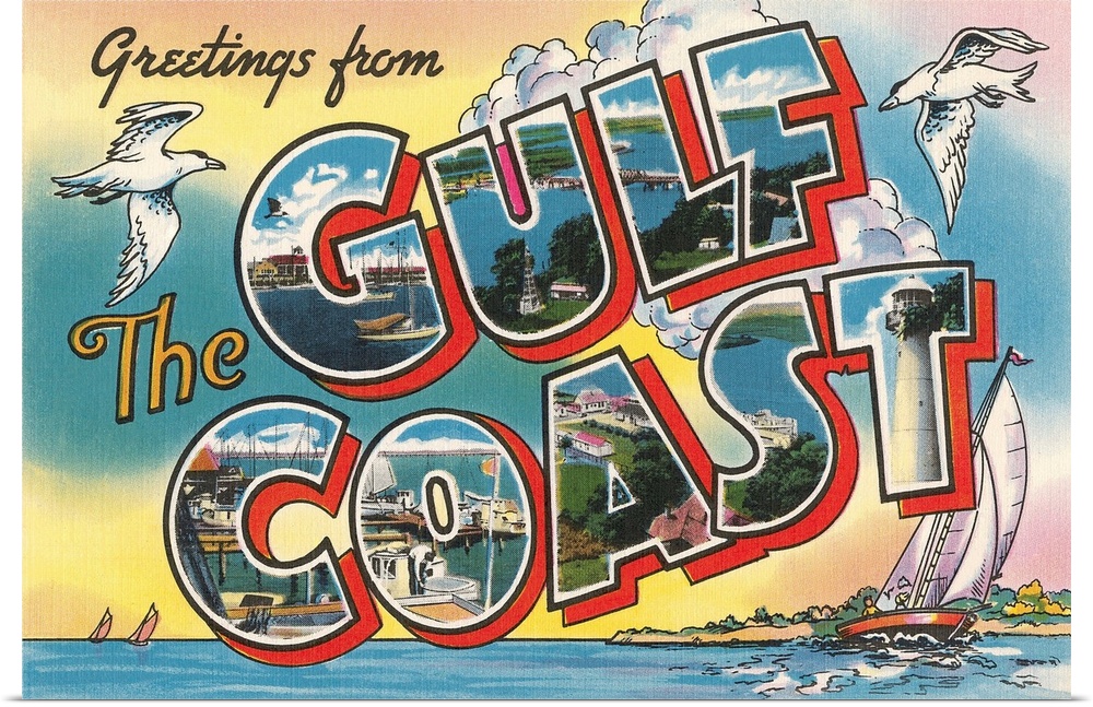 Greetings from the Gulf Coast, Florida large letter vintage postcard